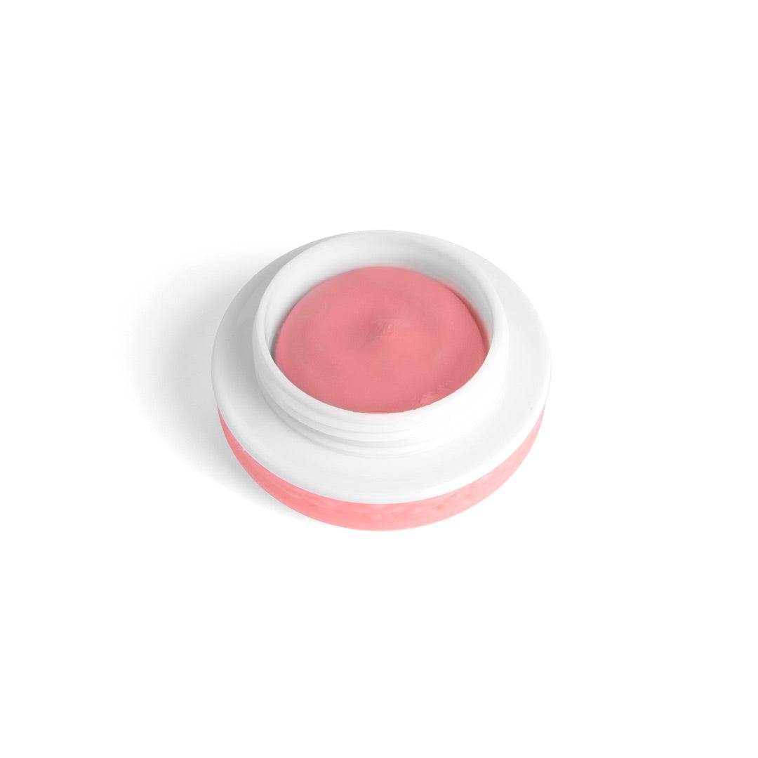 Barattolo aperto di Remover LASHY che mostra la densa texture in crema-mousse di colore rosa, studiata per non colare durante il trattamento di rimozione delle ciglia.