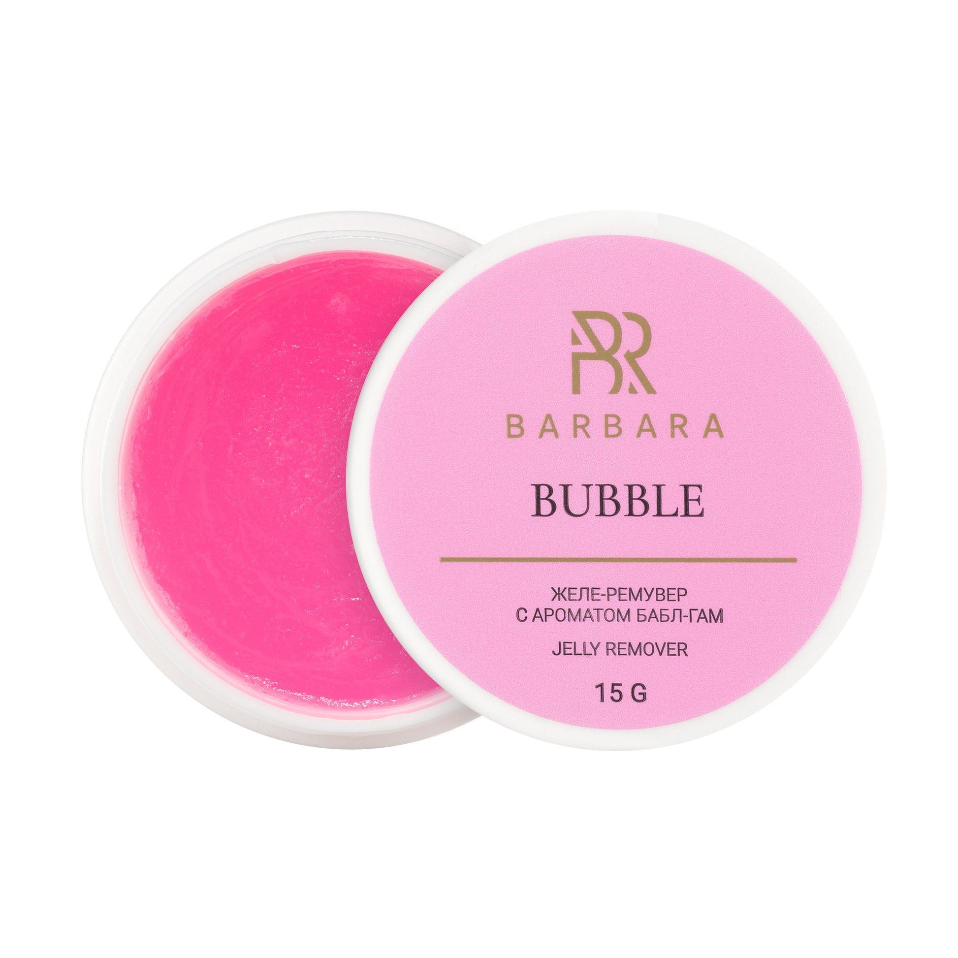 Vista dall'alto del barattolo aperto di BARBARA Bubble Jelly Remover, con la texture in gelatina colore rosa acceso e profumo di bubble gum.