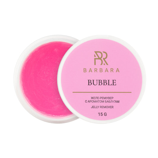 Vista dall'alto del barattolo aperto di BARBARA Bubble Jelly Remover, con la texture in gelatina colore rosa acceso e profumo di bubble gum.