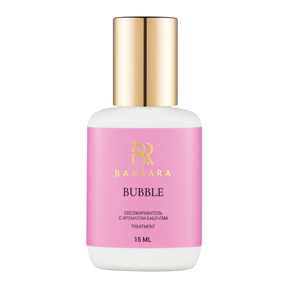 Flacone singolo da 15ml dello Sgrassatore pre-trattamento BARBARA Bubble, con etichetta rosa pastello, dettagli dorati e aroma bubble gum.