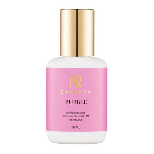 Flacone singolo da 15ml dello Sgrassatore pre-trattamento BARBARA Bubble, con etichetta rosa pastello, dettagli dorati e aroma bubble gum.