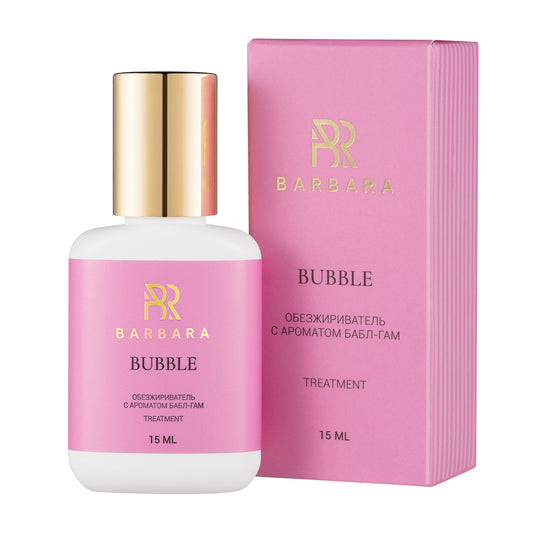 Confezione completa dello Sgrassatore Cleanser BARBARA Bubble da 15ml per extension ciglia, che mostra il flacone bianco con tappo oro affiancato alla sua scatola in cartoncino rosa.