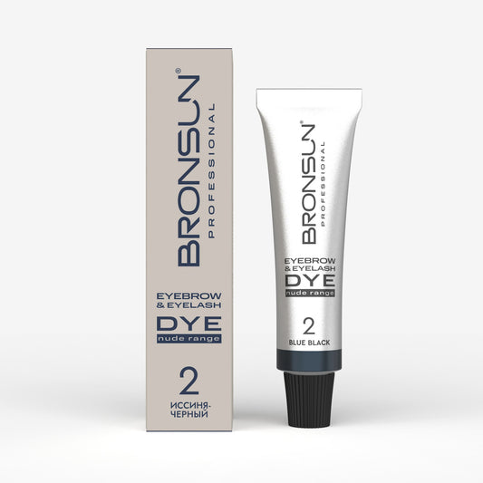 Confezione e tubetto della tinta in crema BRONSUN Nude Range per sopracciglia e ciglia, colore 2 Nero Blu (Blue Black), ideale per ciglia magnetiche o per neutralizzare i riflessi gialli nelle miscele.