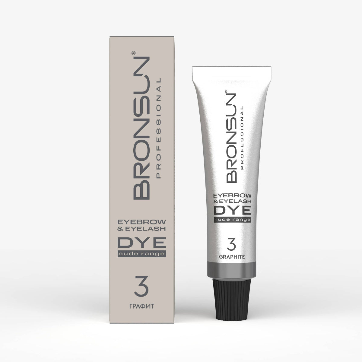 Confezione e tubetto della tinta in crema BRONSUN Nude Range per sopracciglia e ciglia, colore 3 Grafite (Graphite), nuance biondo scuro cenere perfetta per raffreddare i toni.