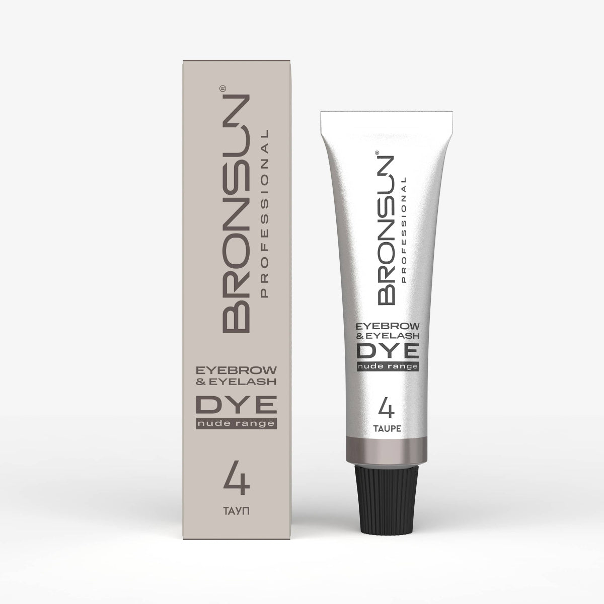 Confezione e tubetto della tinta in crema BRONSUN Nude Range per sopracciglia e ciglia, colore 4 Taupe, un'elegante tonalità castano cenere con riflesso fumé.