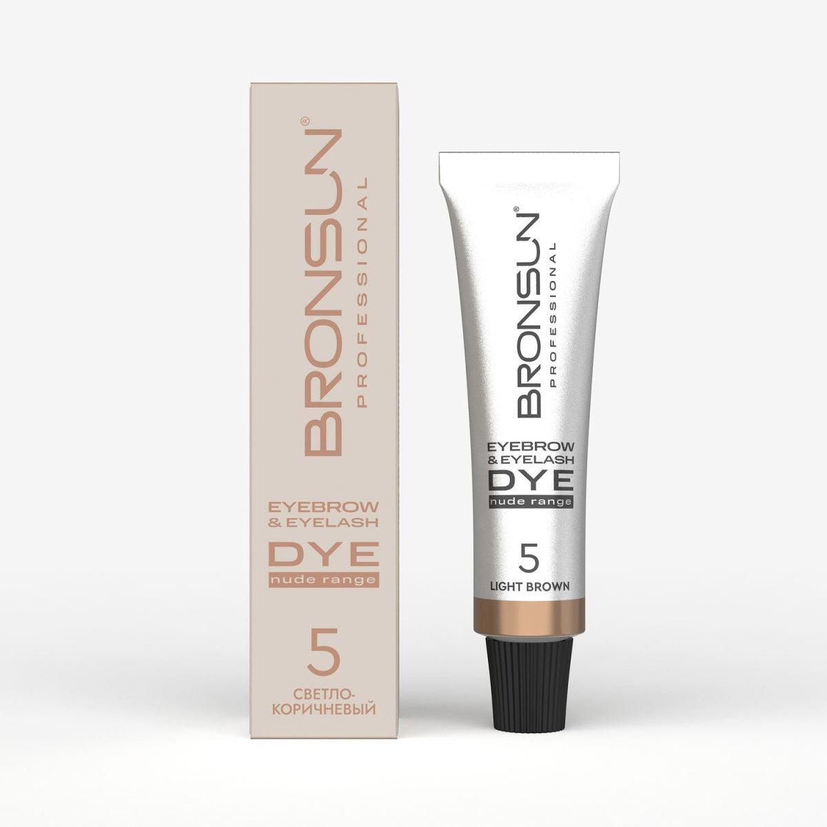 Confezione e tubetto della tinta in crema BRONSUN Nude Range per sopracciglia e ciglia, colore 5 Castano Chiaro (Light Brown), ideale per bionde e tonalità calde.