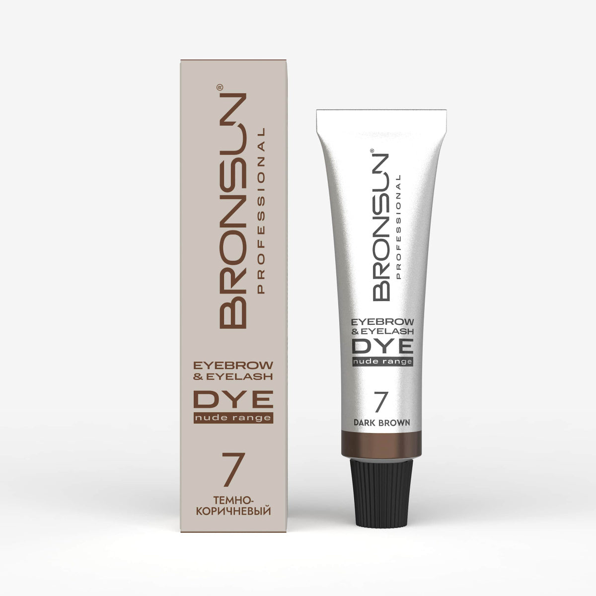 Confezione e tubetto della tinta in crema BRONSUN Nude Range per sopracciglia e ciglia, colore 7 Castano Scuro (Dark Brown), perfetto per brune e per raffreddare i mix.